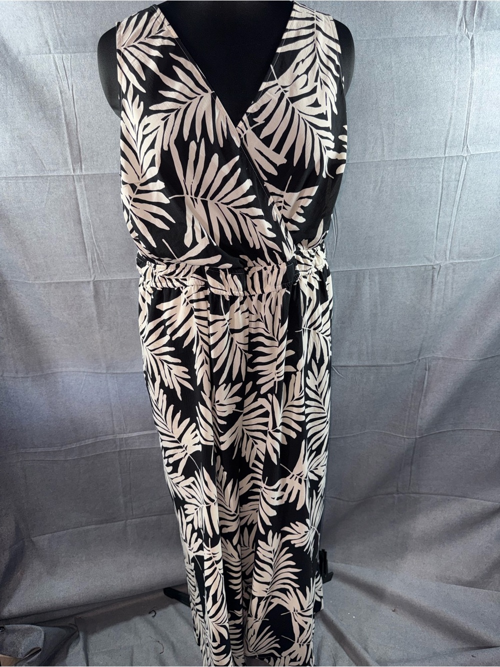 3296-torrid Black and Cream Leaf-Print Wrap Jumpsuit